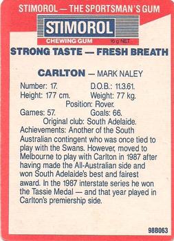 1990 AFL Scanlens Stimorol #91 Mark Naley Back